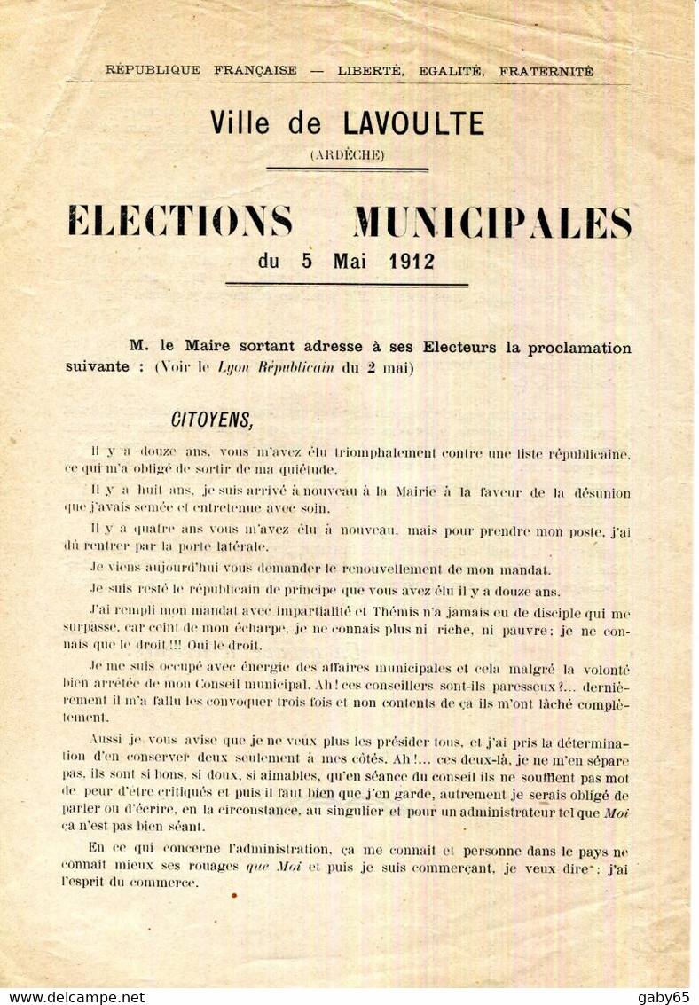 FACTURE.07.ARDECHE.LA VOULTE.PROCLAMATION DU MAIRE POUR LES ELECTIONS 5 MAI 1912 + 2 BULLETINS. - Non Classés