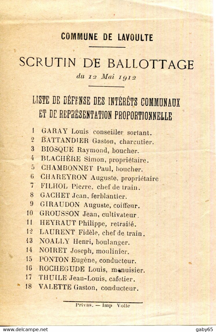 FACTURE.07.ARDECHE.LA VOULTE.PROCLAMATION DU MAIRE POUR LES ELECTIONS 5 MAI 1912 + 2 BULLETINS. - Non Classés