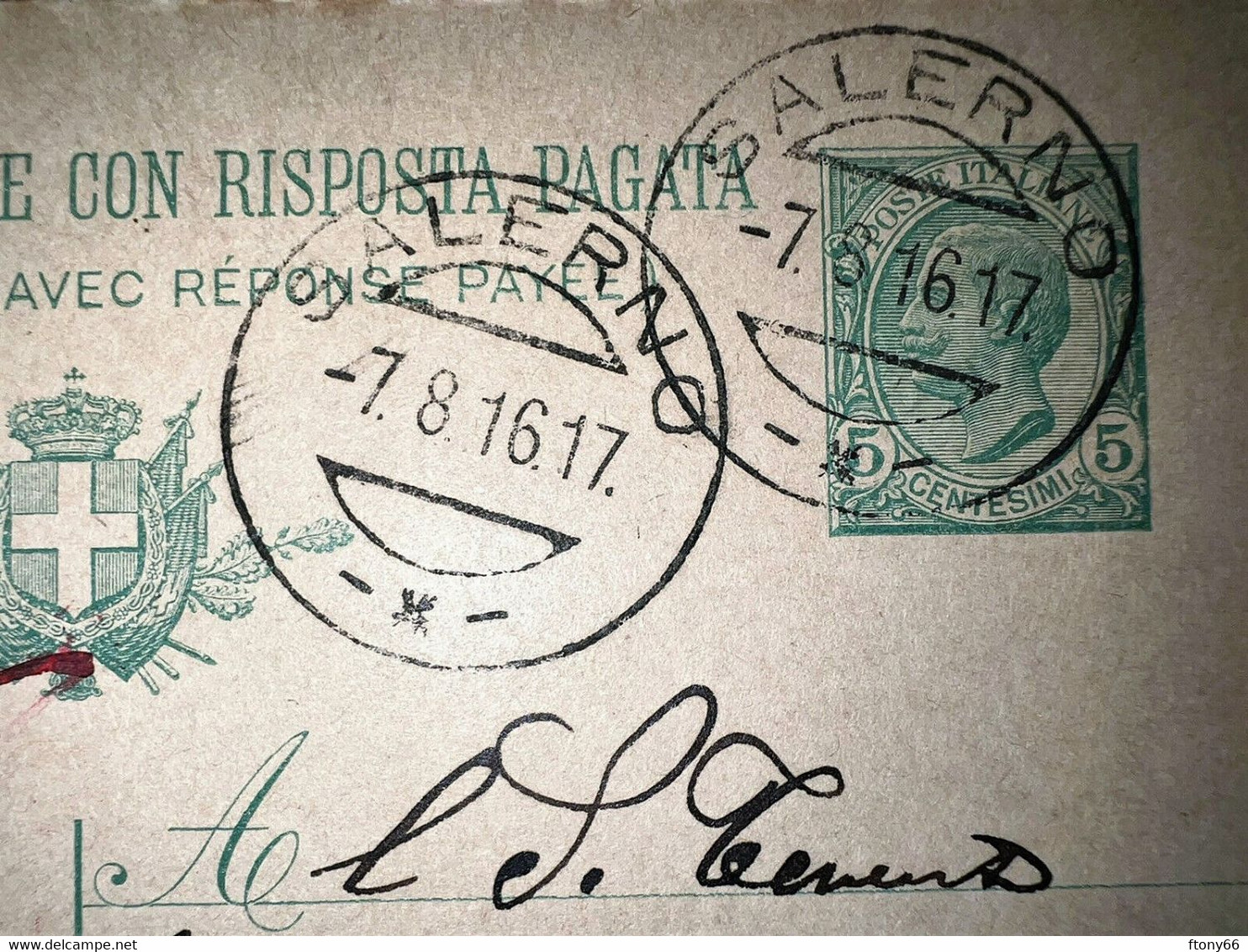 MA22 CARTOLINA POSTALE 5 CENT. CON RISPOSTA PAGATA 1916 Da Salerno A Schio (VI) - Poststempel