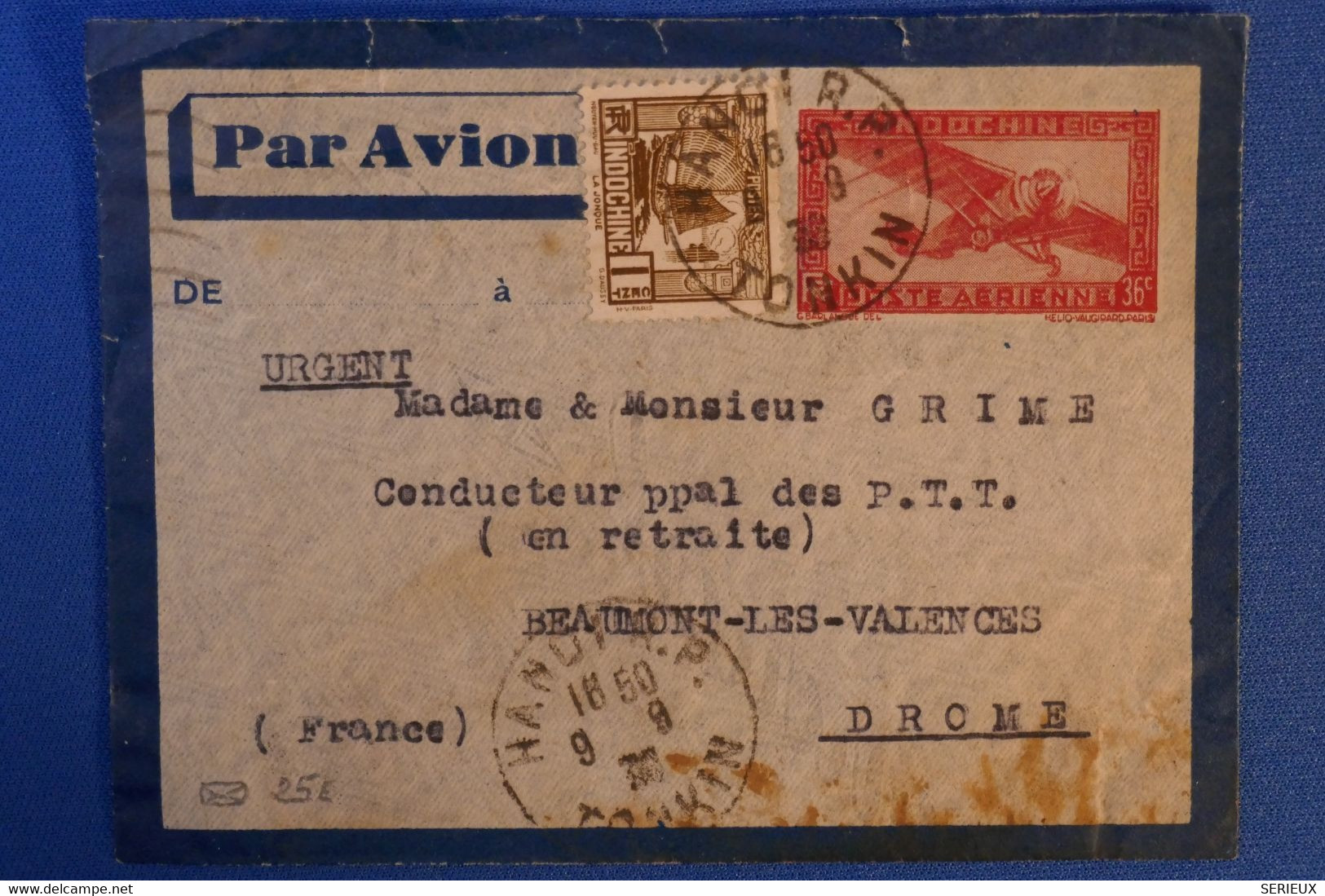 477 INDOCHINE LETTRE 1938 PAR AVION HANOI POUR BEAUMOT L VALENCE DROME - Covers & Documents