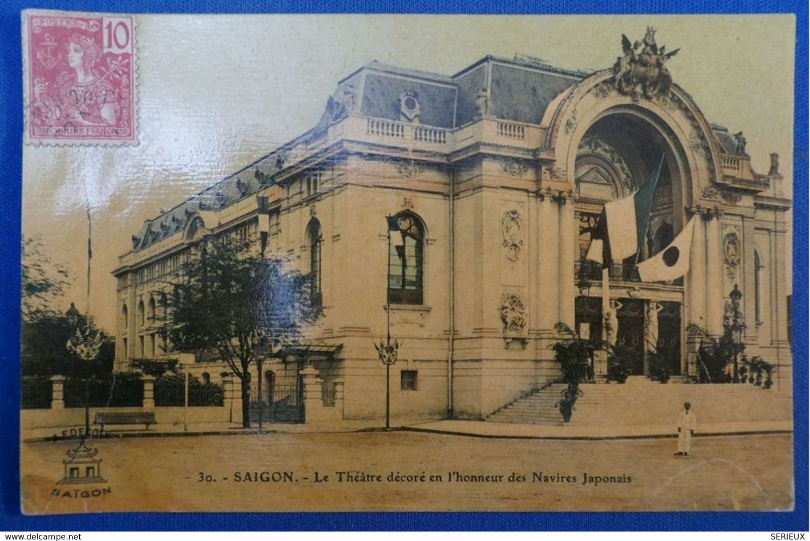 F2 INDOCHINE CARTE 1907 SAIGON POUR BREST FRANCE + LE THEATRE SAIGON - Brieven En Documenten