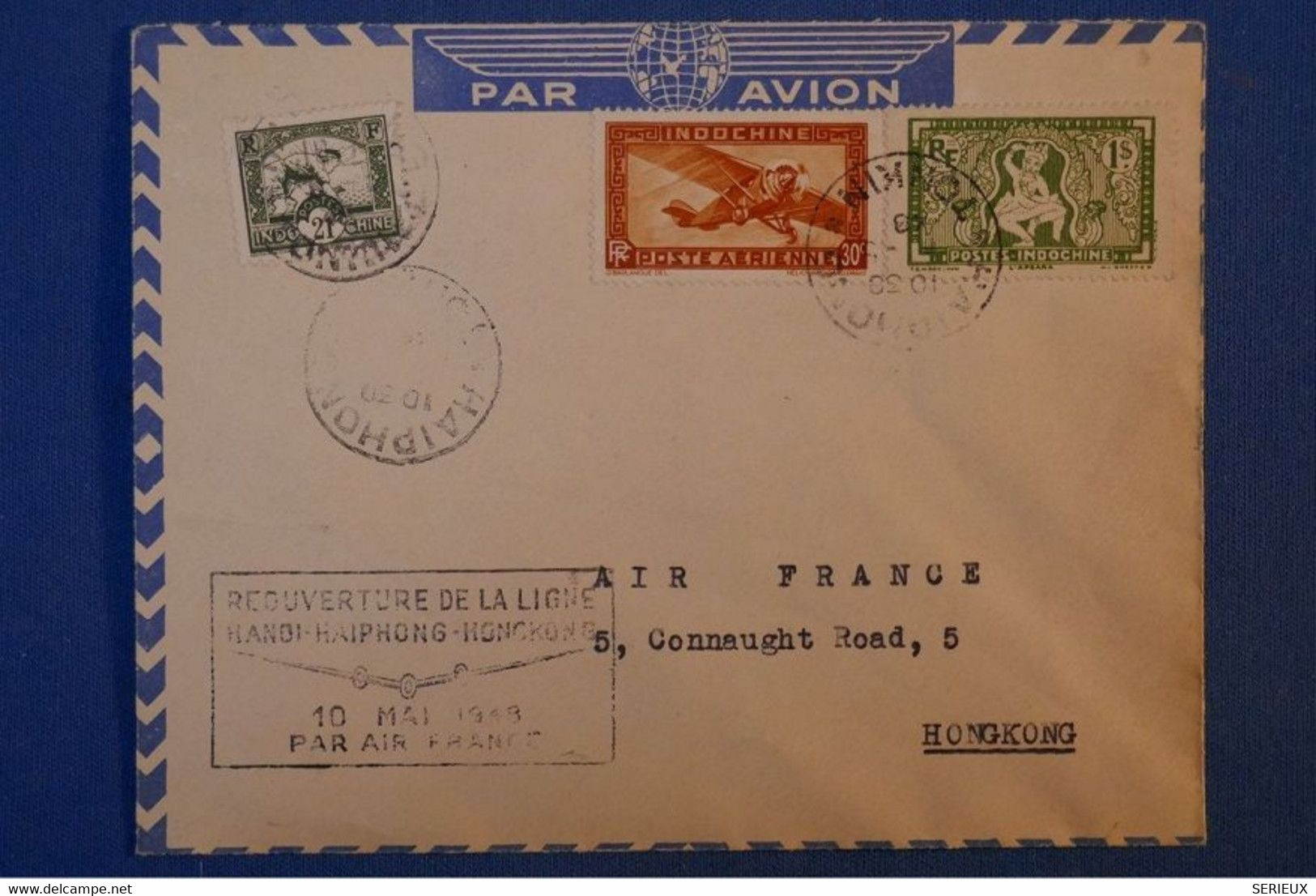 G1 INDOCHINE BELLE LETTRE 1943 REOUVERTURE LIGNE AVION HANOI-HAIPHONG-HONGKONG - Aéreo