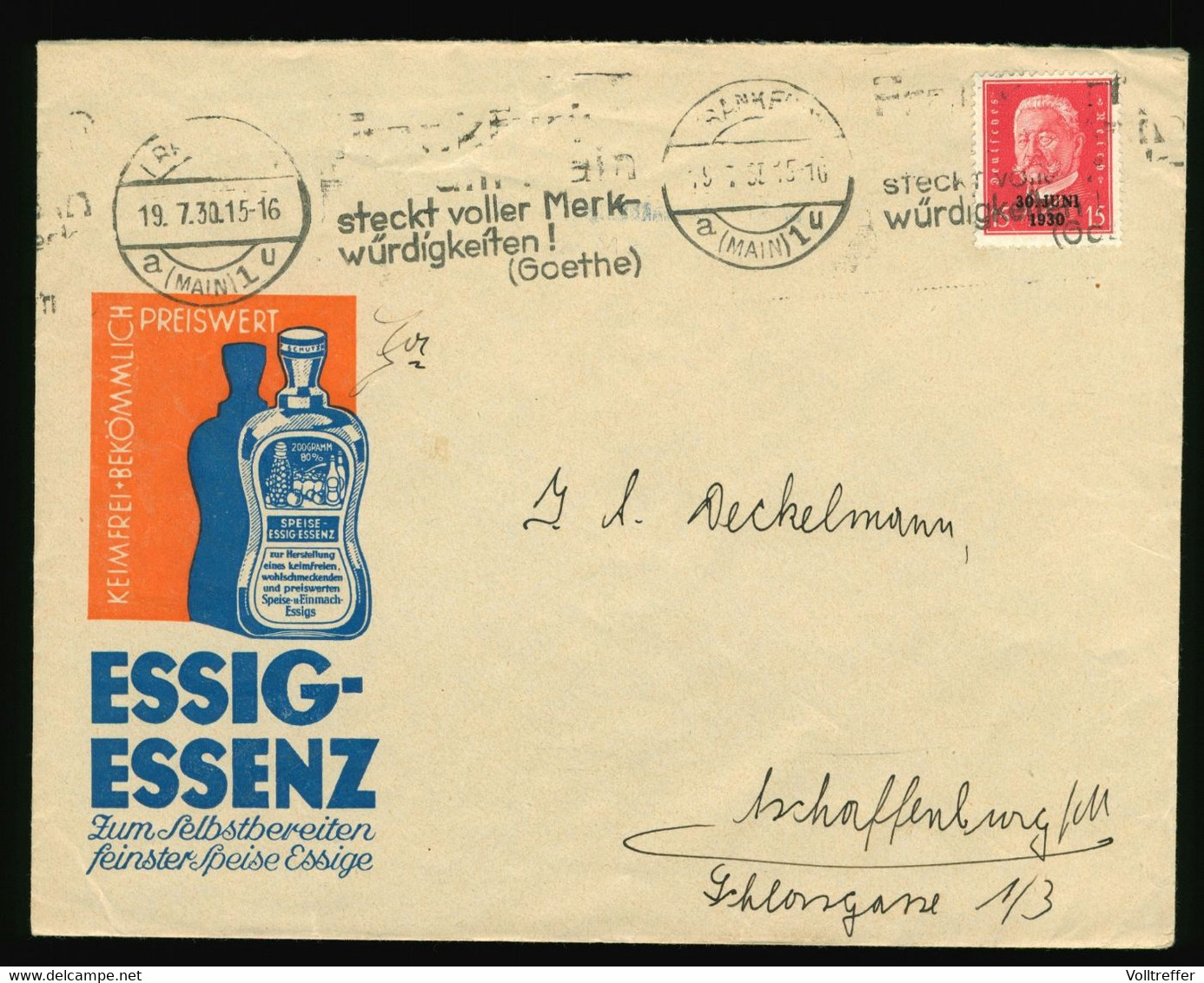 Heimat Beleg 1930, Reklame Aufdruck Essig Essenz, Großhandelsgesellschaft Frankfurt Am Main Domstr. 10 EF Mi Nr. 445 - Covers & Documents
