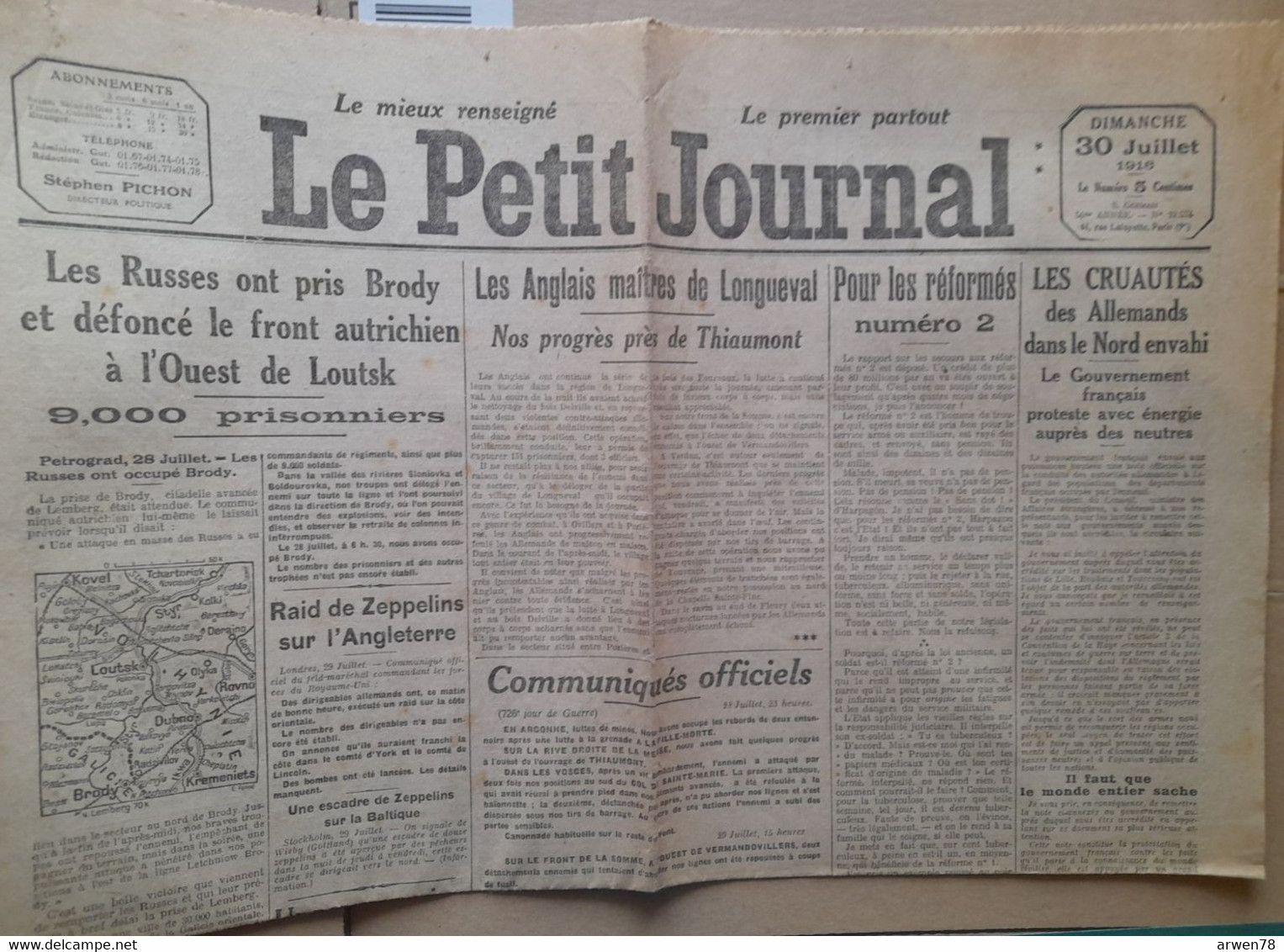 WWI Quotidien Le Petit Journal 30 Juillet 1916 Raid De Zeppelins Sur L'angleterre Cruautés Des Allemands Dans Le Nord - Le Petit Parisien