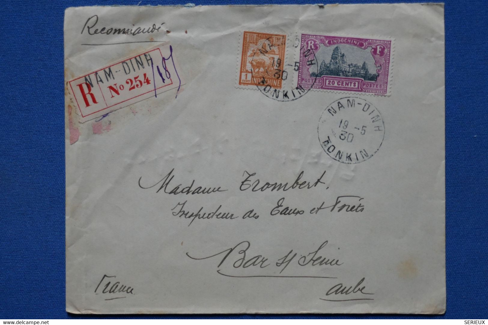 V21 INDO CHINA BELLE LETTRE IMPRIME RECOM. 1930 INDOCHINE NAM DINH POUR BAR SEINE FRANCE+ AFFRANCH. INTERESSANT - Covers & Documents