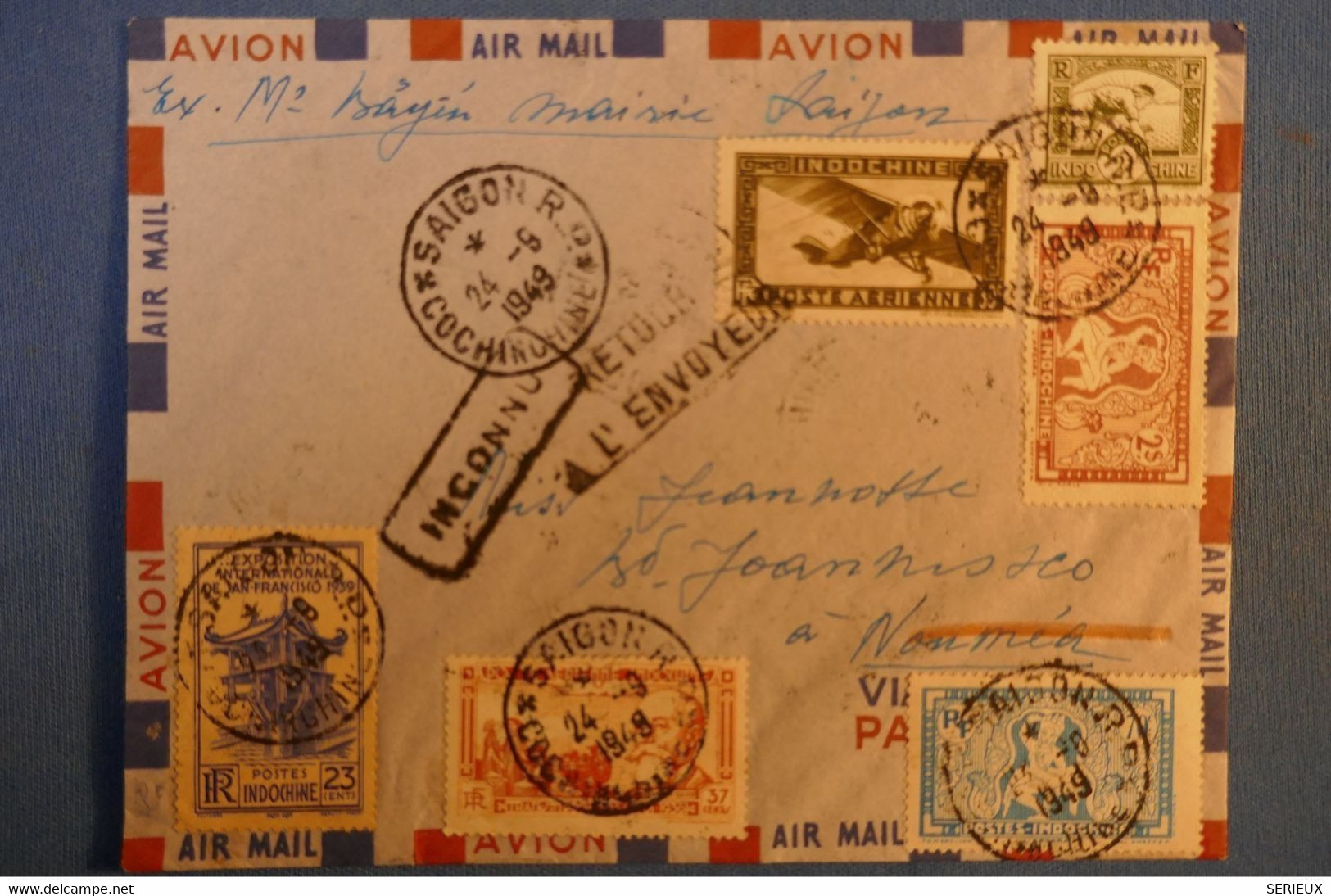 F1 INDOCHINE BELLE LETTRE 1949 PAR AVION SAIGON COCHINCHINE POUR NOUMEA RETOUR A L ENVOYEUR +AFFRANCH PLAISANT - Luchtpost