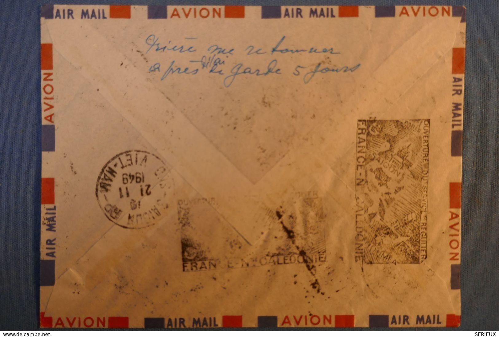 F1 INDOCHINE BELLE LETTRE 1949 PAR AVION SAIGON COCHINCHINE POUR NOUMEA RETOUR A L ENVOYEUR +AFFRANCH PLAISANT - Poste Aérienne