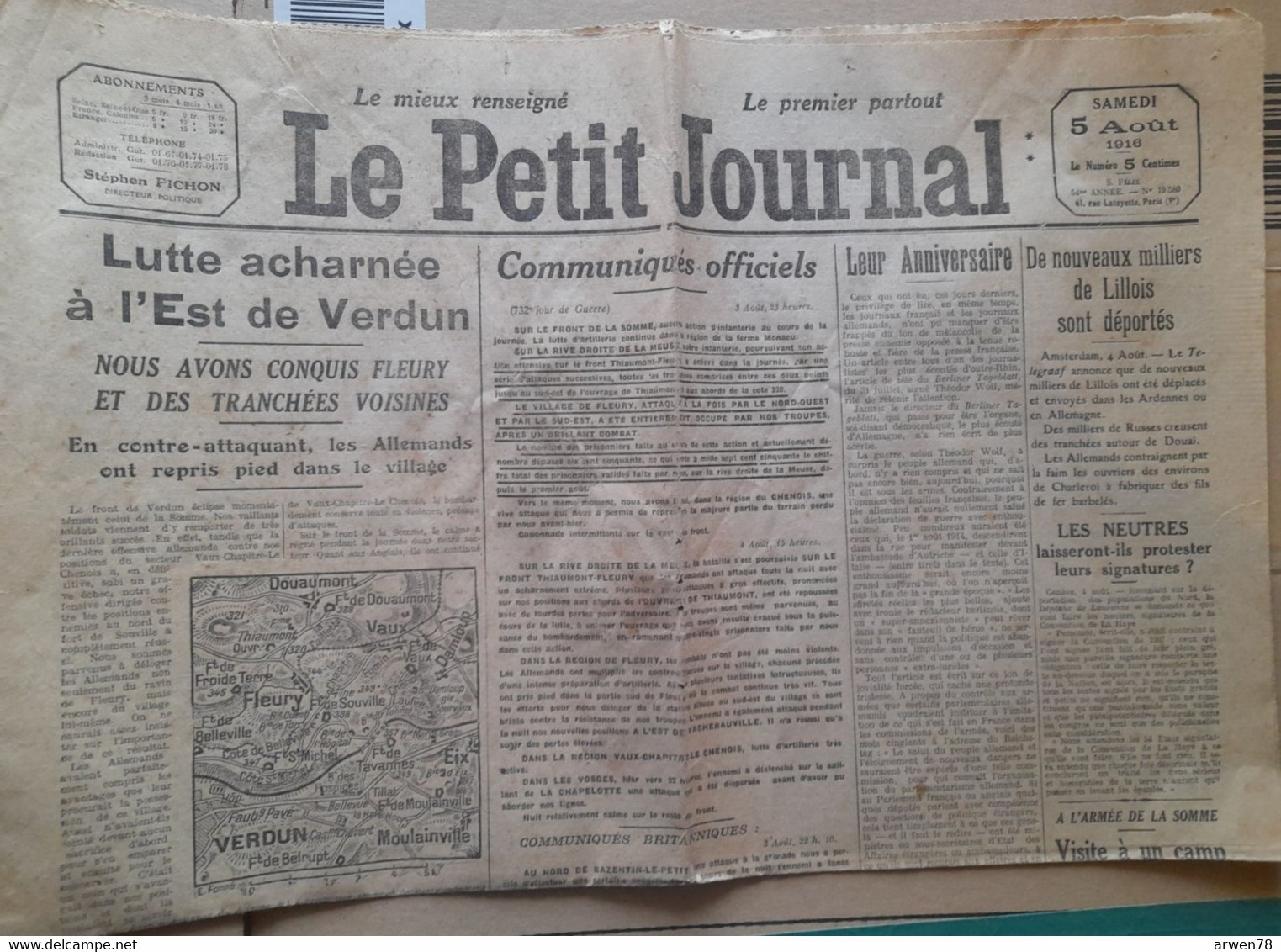 WWI Quotidien Le Petit Journal 5 Aout 1916 Lutte Acharnée A Verdun Des Milliers De Lillois Sont Déportés - Le Petit Parisien