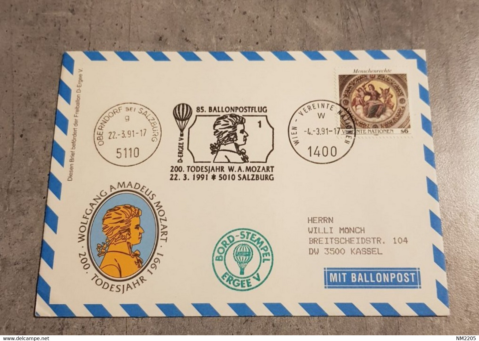 UNITED NATIONS SPECIAL COVER CIRCULED ANNIVERSARY W.A.MOZART WITH SPECIAL CANCELED BALLONPOST YEAR 1991 - Lettres & Documents