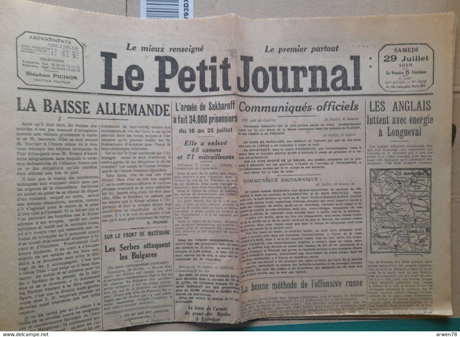 WWI Quotidien Le Petit Journal 29 Aout 1916 Les Anglais Luttent A Longueval Front De Macédoine Les Serbes Attaquent - Le Petit Parisien