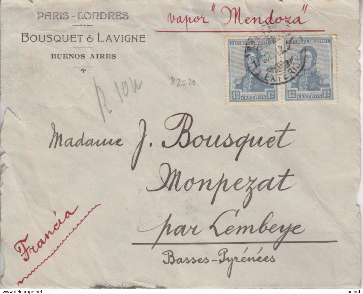 Dvt De Lettre à Entête "Bousquet" Obl. Benos Aires Le 17/10/21 Sur N° 235 X 2 Par Vapeur Mendoza Pour Monpezat - Covers & Documents