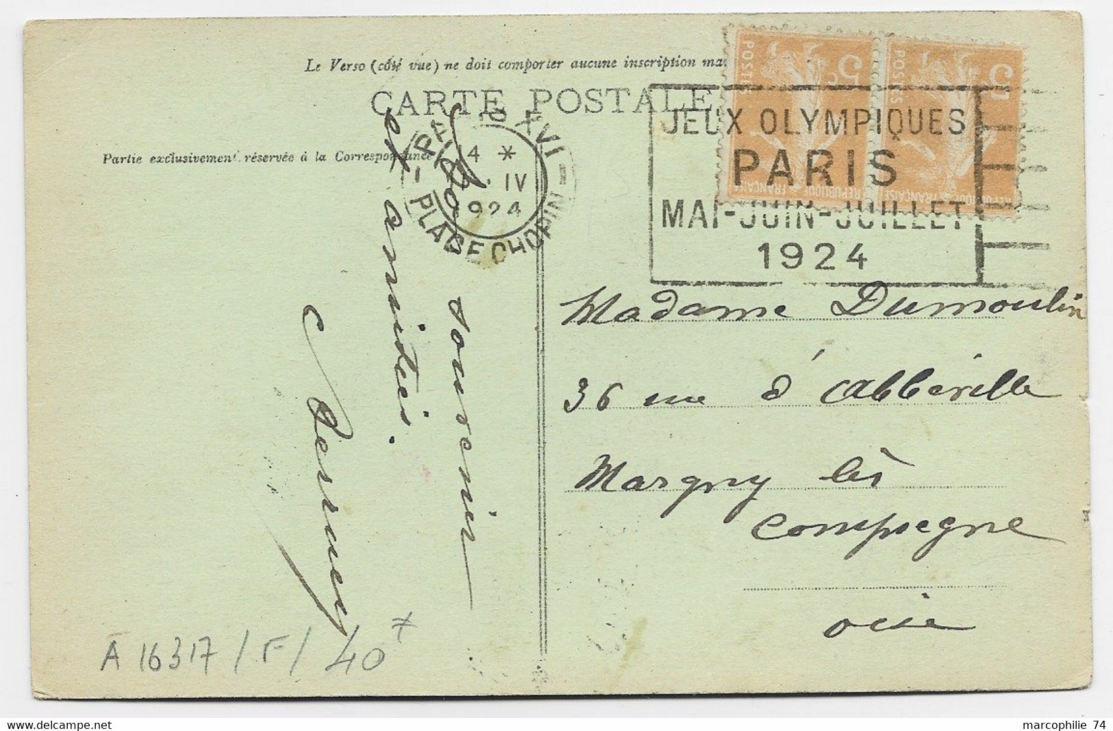 FRANCE N° 158X2 CP MEC FLIER JEUX OLYMPIQUES PARIS XVI 1924 PLACE CHOPIN - Zomer 1924: Parijs