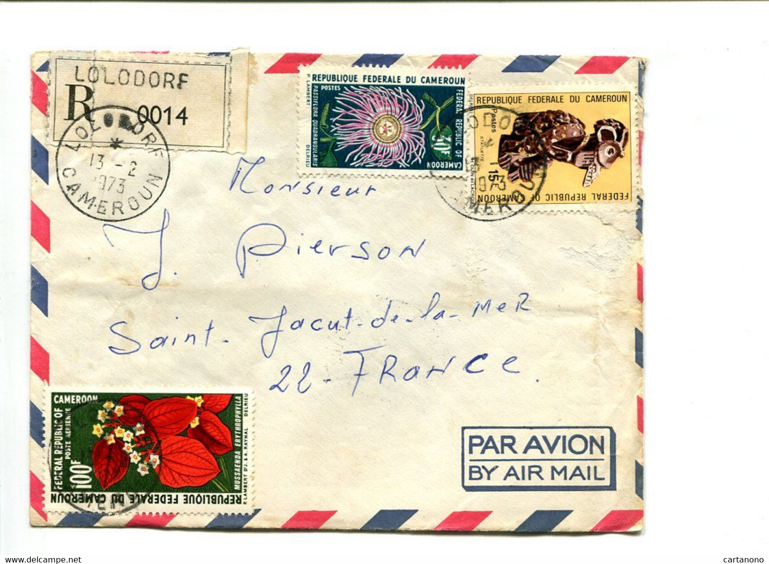 CAMEROUN Lolodore 1973 -  Affranchissement Sur Lettre Recommandée Par Avion - Fleurs - Cameroon (1960-...)