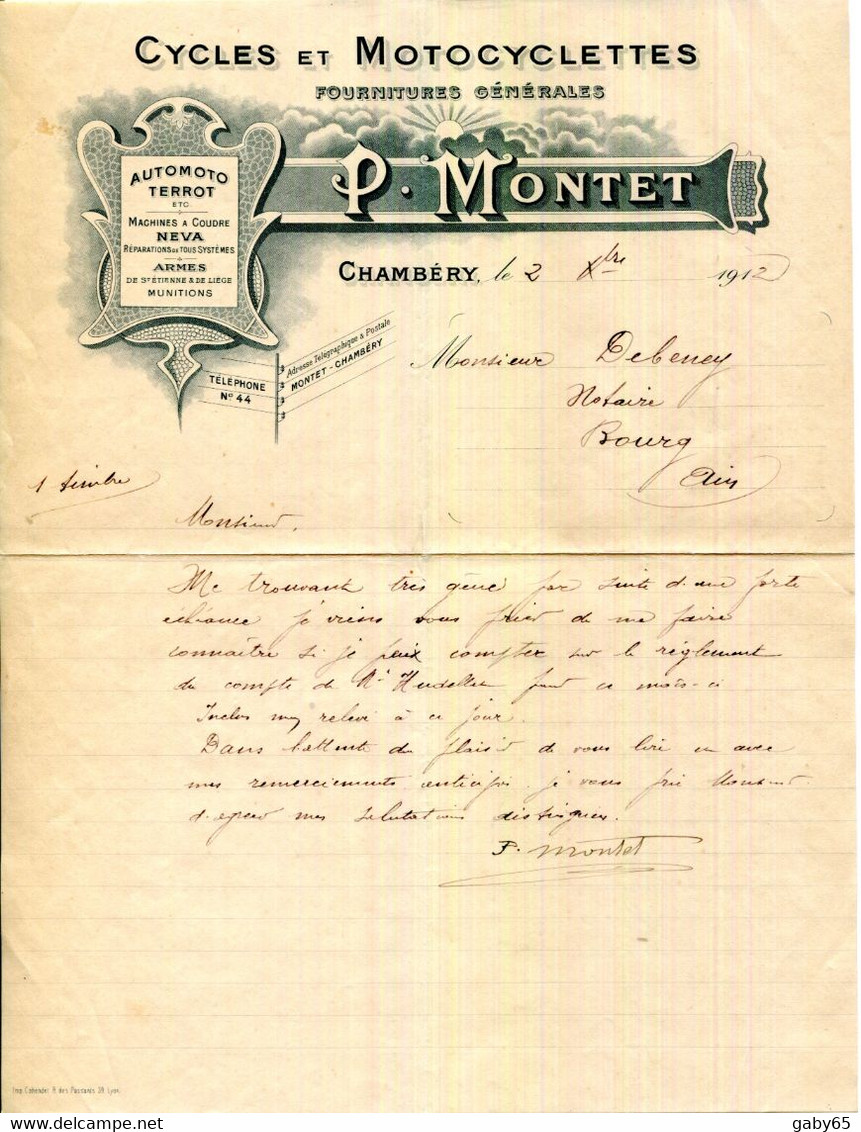 FACTURE.73.SAVOIE.CHAMBERY.CYCLES. MOTOCYCLETTES AUTOMOTO,TERROT.MACHINES ACOUDRE " NEVA ".P.MONTET. - Automobile