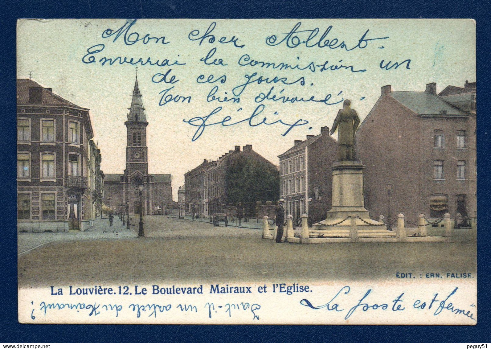 La Louvière. Boulevard Mairaux. Eglise St. Joseph. Café Molière. Statue Amand Mairaux ( V. Rousseau 1890). 1906 - La Louvière