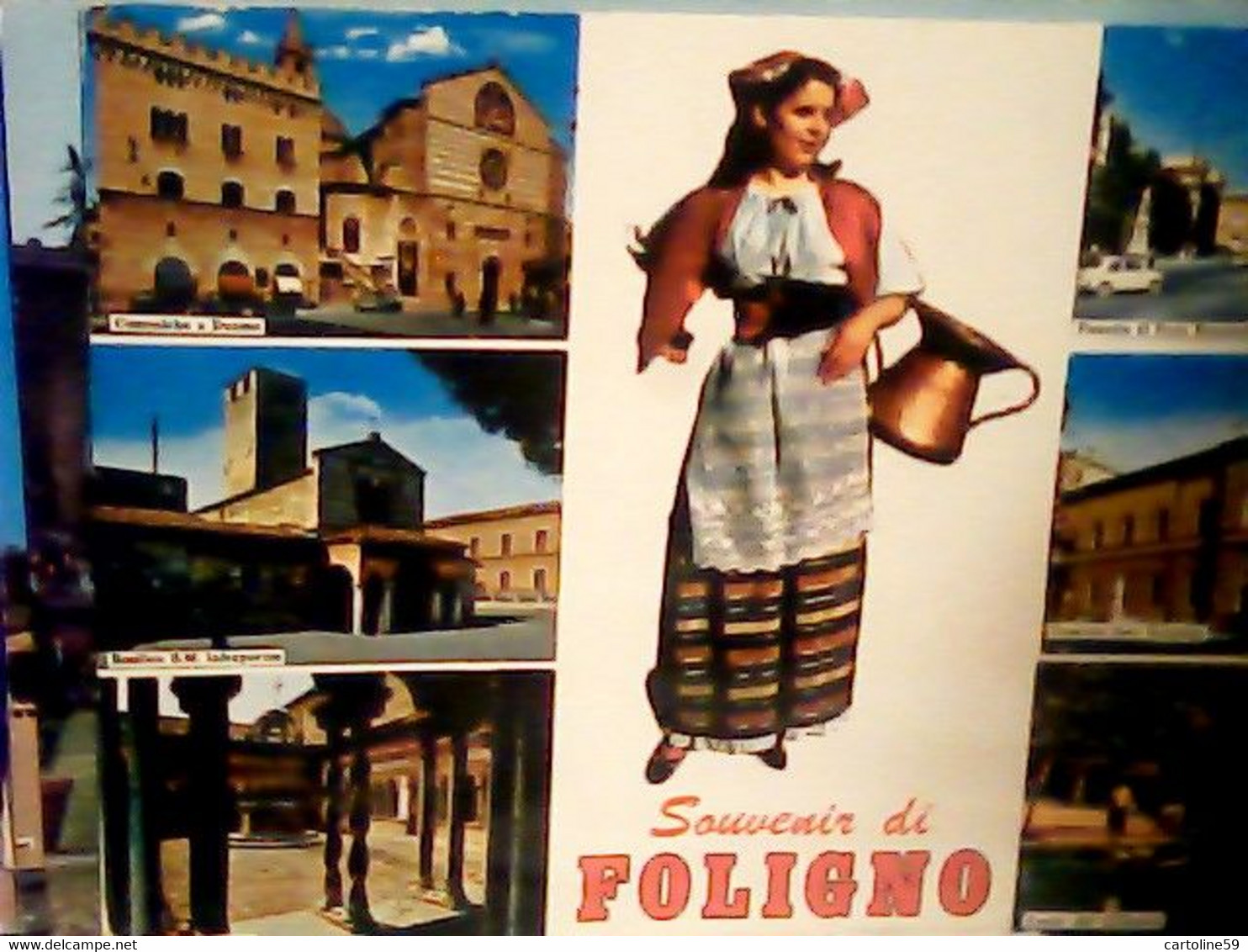 SALUTI DA FOLIGNO VEDUTE VEDUTINE RAGAZZA IN COSTUME  SOUVENIR VB1984 IM3866 - Foligno