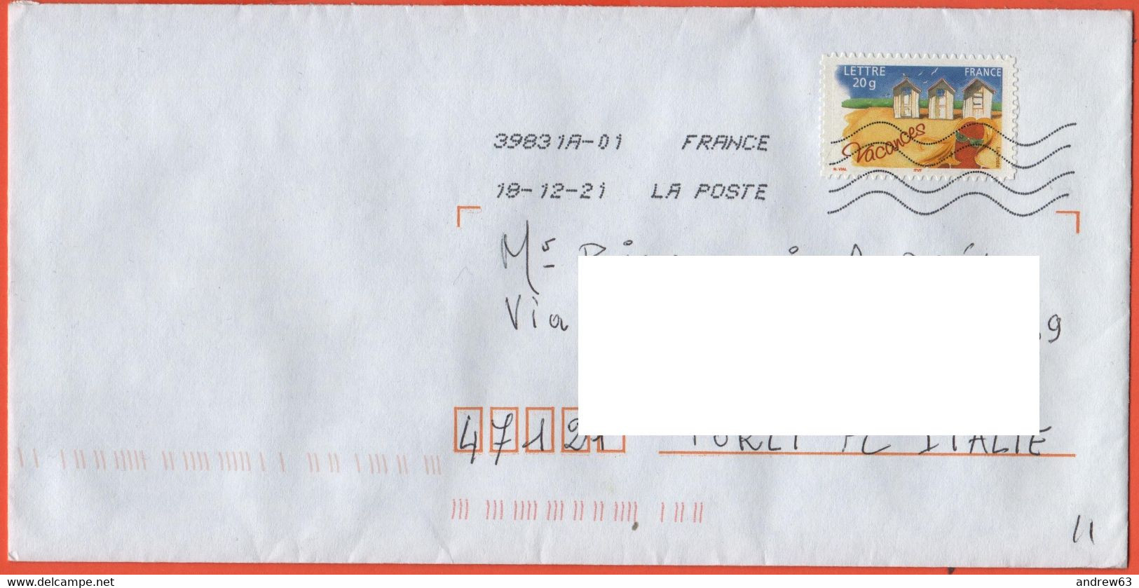 FRANCIA - France - 2021 - Lettre 20g Vacances - Viaggiata Da 39831A-01 Per Forlì, Italy - Brieven En Documenten