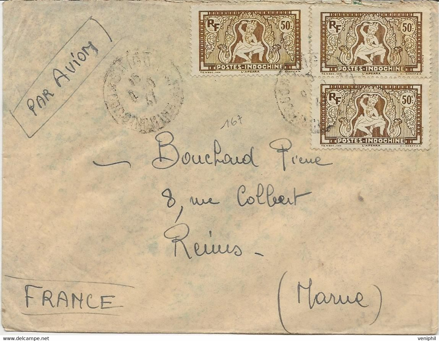 INDOCHINE - LETTRE AFFRANCHIE N° 167 X 3 -ANNEE 1941 - Cartas & Documentos
