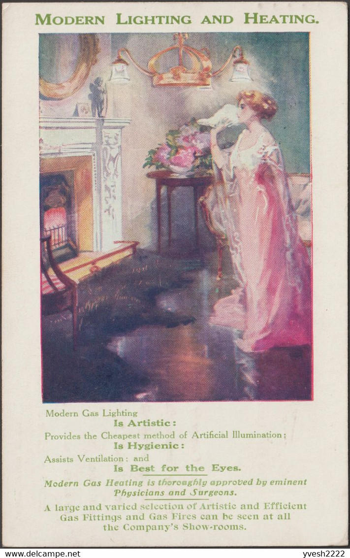 Grande-Bretagne 1910. Entier Postal Timbré Sur Commande. Gaz D'éclairage, Lumière, Belle époque, Roses, Femme élégante - Gaz