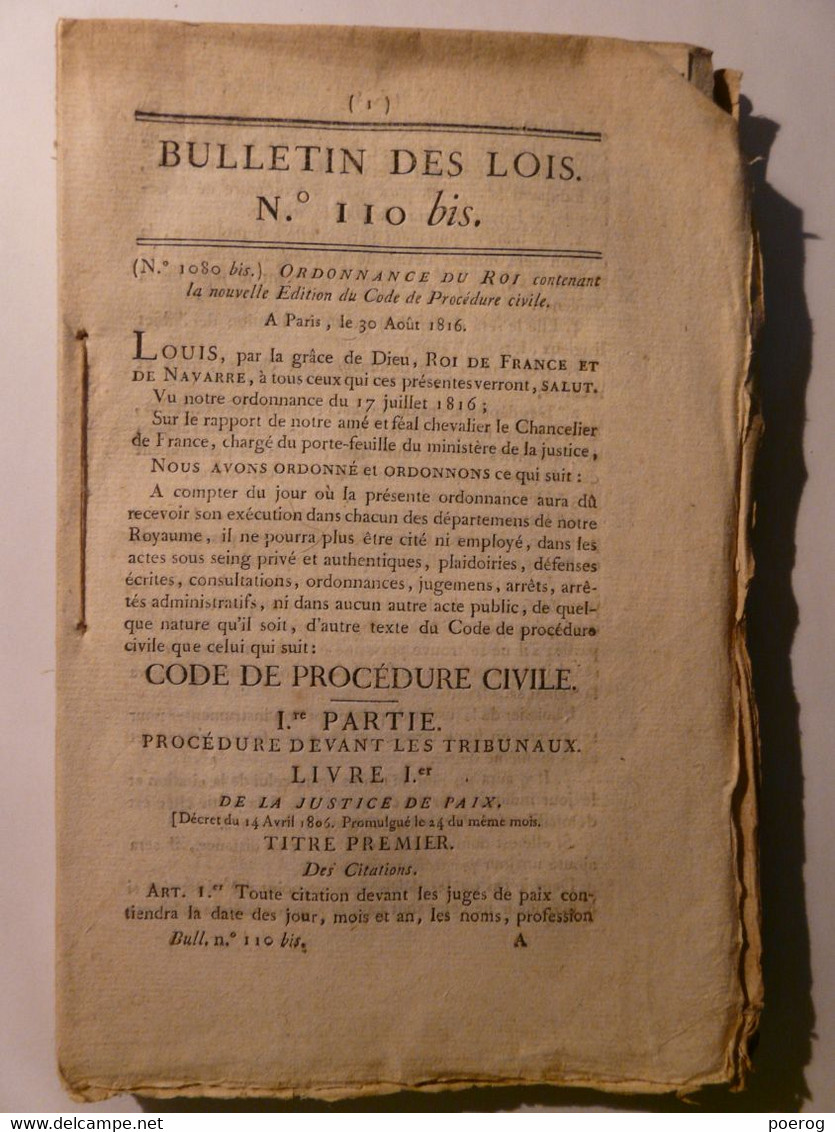 BULLETIN DES LOIS DE 1816 - CODE DE PROCEDURE CIVILE - IMPRIMERIE ROYALE  SEPTEMBRE 1816 - DROIT - TBE - Cousu Main - Wetten & Decreten
