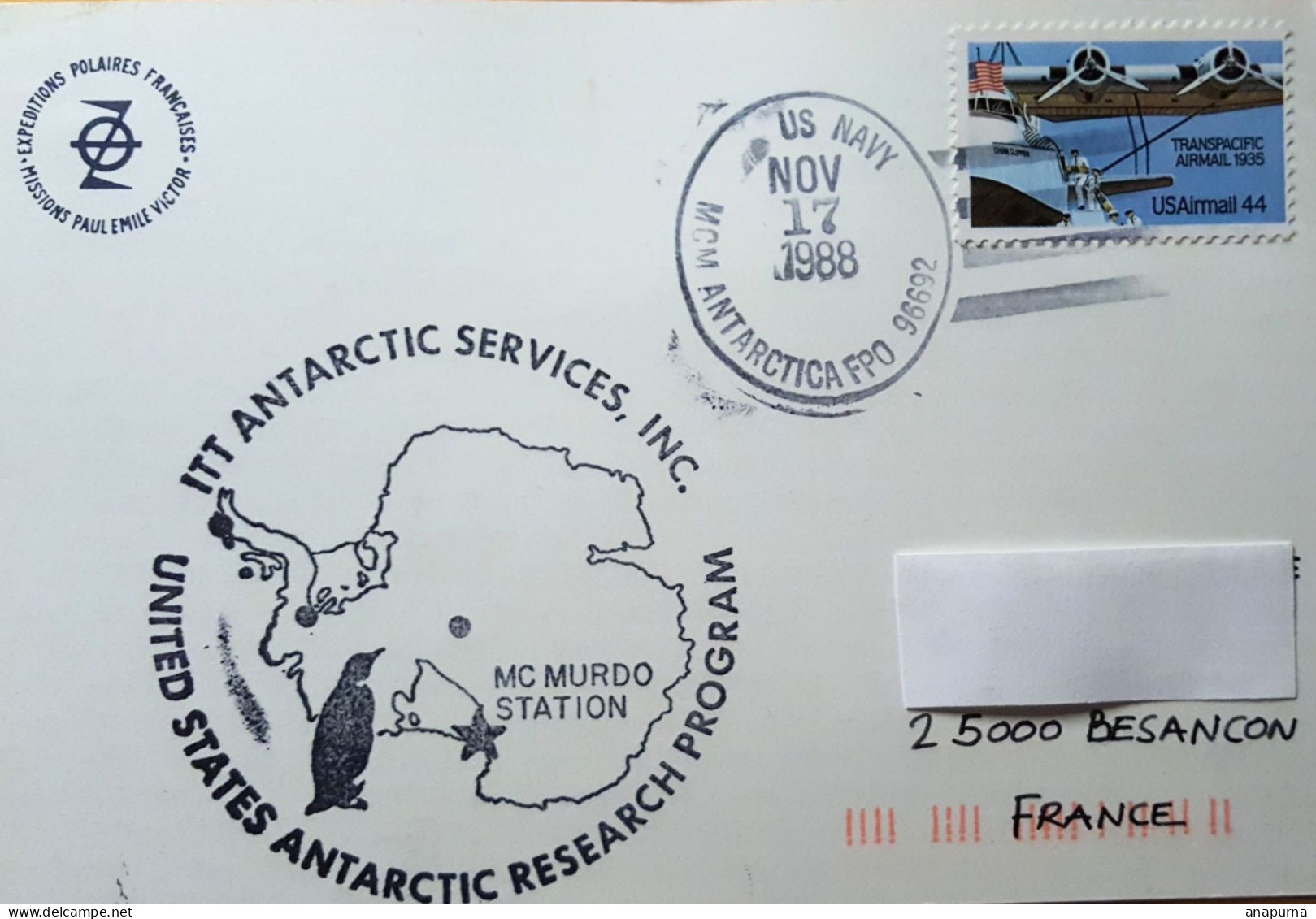 Carte Paul Emile Victor Postée à Mc Murdo 17 Nov 1988 Avec Grand Cachet Illustré US Antarctic Research Program - Programmes Scientifiques