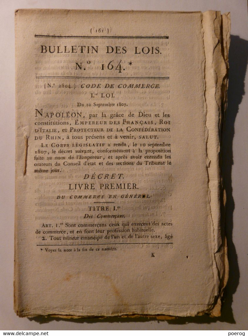 BULLETIN DES LOIS DE 1807 - CODE DU COMMERCE DE 1807 - IMPRIMERIE IMPERIALE 1807 - DROIT - TBE - Cousu Main - Wetten & Decreten