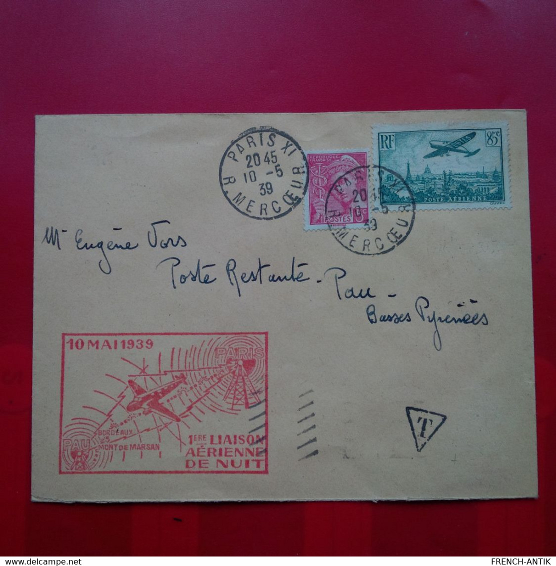 LETTRE PARIS DEPOT E.VORS VINS CHARBONS POUR POSTE RESTANTE PAU CACHET 1ERE LIAISON AERINNE DE NUIT 1939 - 1927-1959 Cartas & Documentos