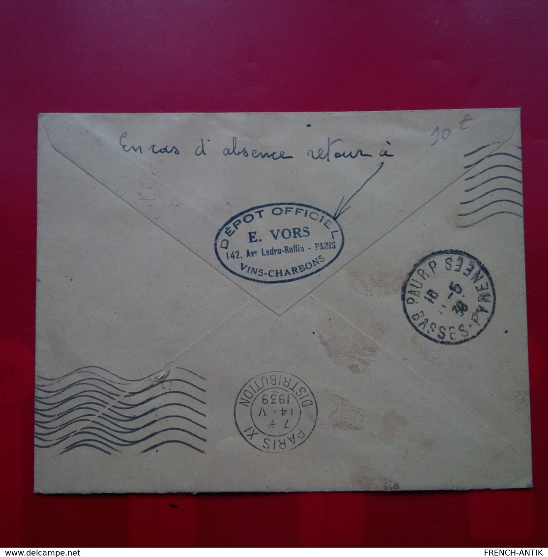 LETTRE PARIS DEPOT E.VORS VINS CHARBONS POUR POSTE RESTANTE PAU CACHET 1ERE LIAISON AERINNE DE NUIT 1939 - 1927-1959 Cartas & Documentos