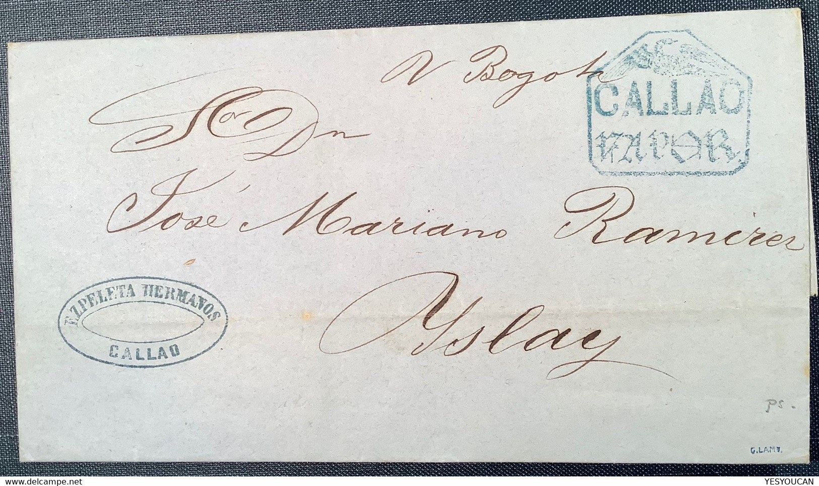 CALLAO VAPOR+CONDOR RRR ! 1856 Entire>ISLAY Via PSNC Steamer BOGOTA(Peru Perou Cover Prephilately Birds Of Prey Oiseaux - Perù