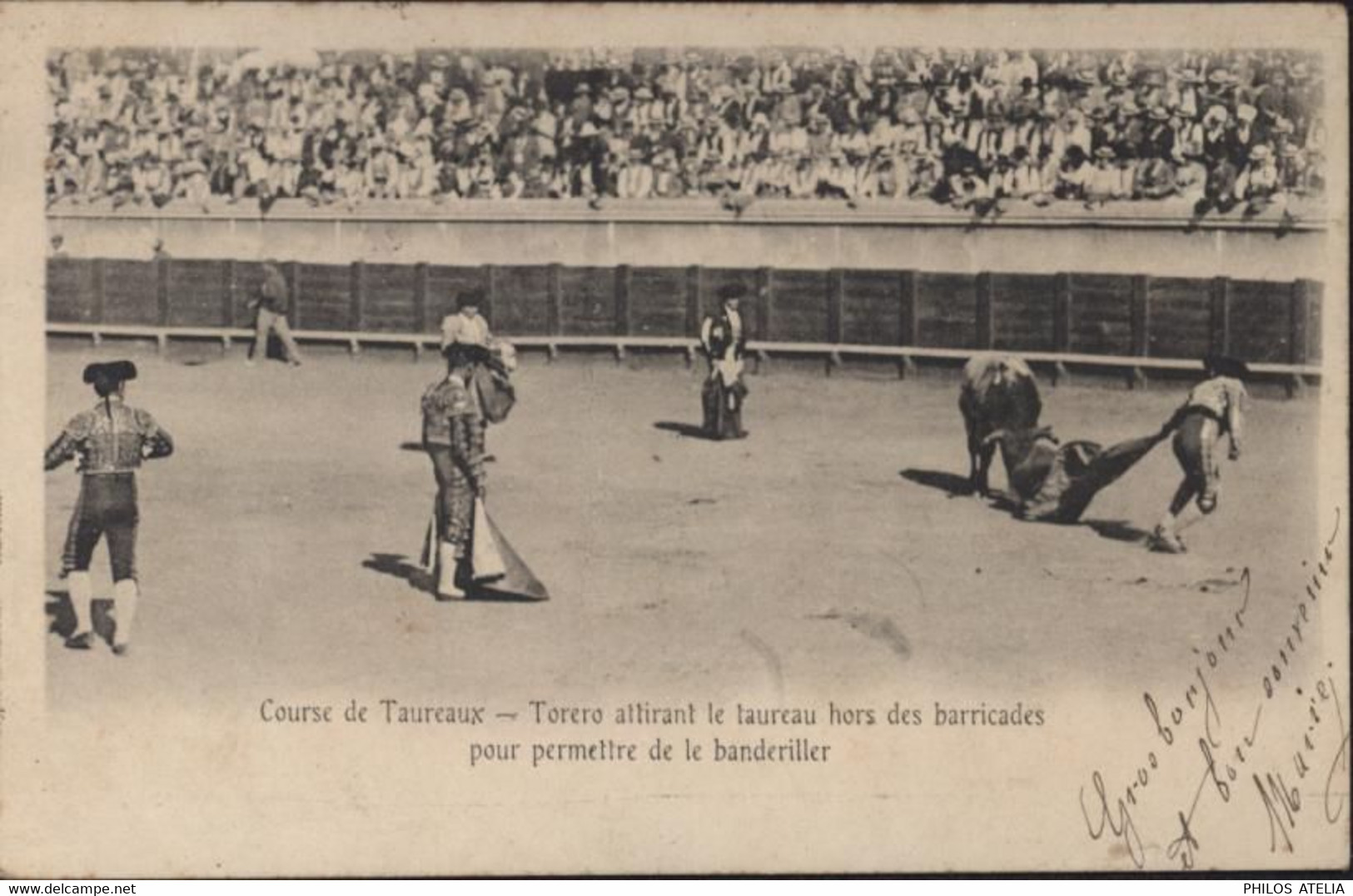 CPA CP Carte Postale Corrida Course De Taureaux Torero Attirant Le Taureau Hors Des Barricades CAD Nîmes 1904 YT 111 - Corridas