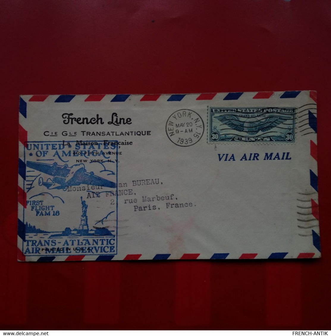 LETTRE FRENCH LINE CIE TRANSATLANTIQUE NEW YORK PARIS 1939 AIR FRANCE - 1927-1959 Storia Postale