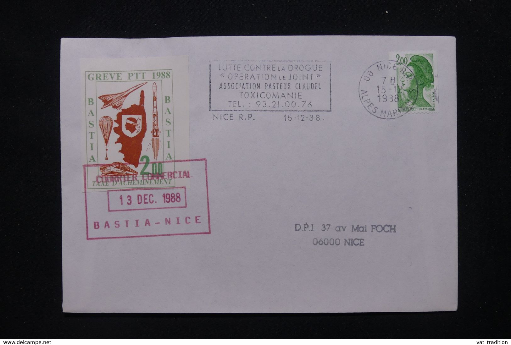 FRANCE - Timbre De Grêve De Bastia  Sur Enveloppe En 1988 Pour Nice - L 114875 - Documenten