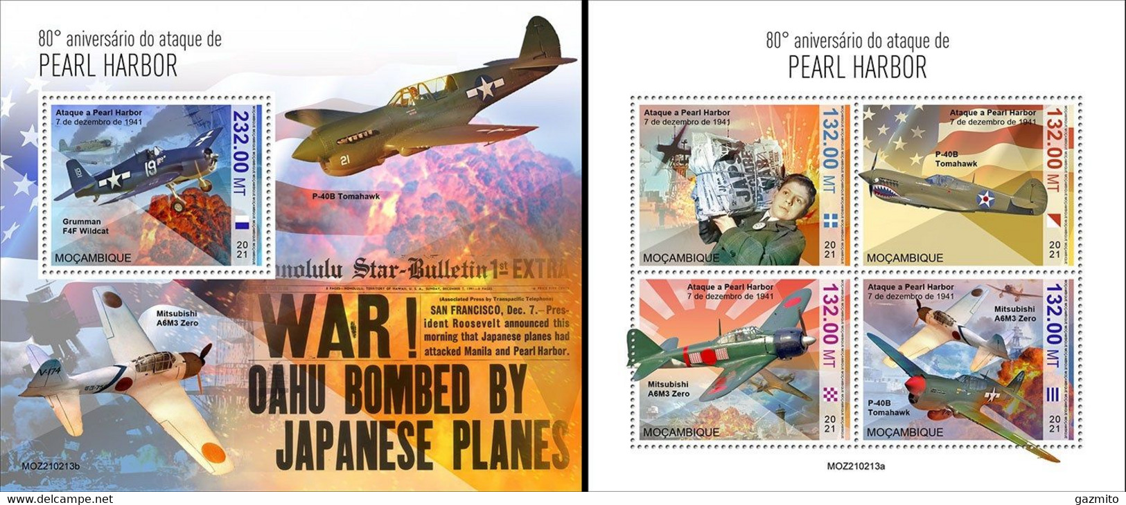 Mozambico 2021, WWII, Pearl Harour, Plane, Ship, 4val In BF +BF - Guerre Mondiale (Seconde)