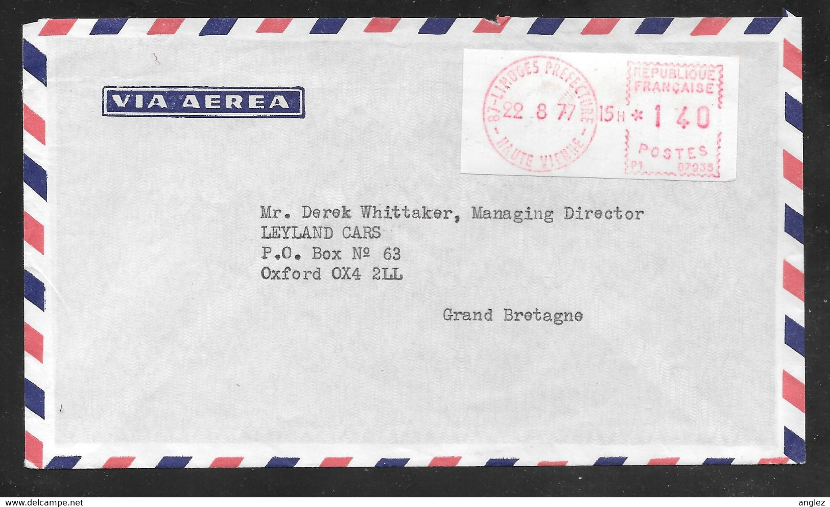 France - 1977 Airmail Cover - Limoges To England - Franking Label - 1969 Montgeron – Wit Papier – Frama/Satas