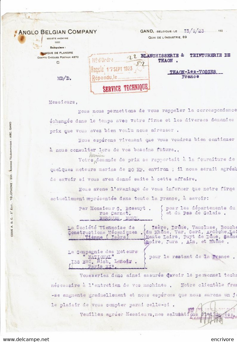 Lettre Commerciale ANGELO BELGIAN COMPANY Banque De Flandre  Pour Blanchisserie Teinturerie Thaon 1923 - Bank En Verzekering