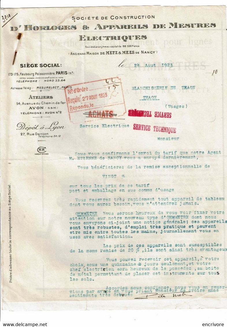 Lettre Commerciale Horloges & Appareils Mesures Electriques Nancy Metz Ohmmètres à Blanchisserie Teinturerie Thaon 1923 - Banque & Assurance