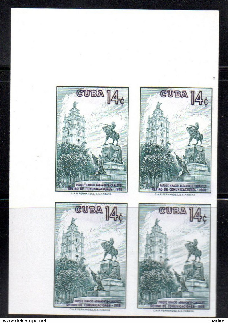 39582 Cuba 1057 Comm. Ret.Fund 14c Agramonte Monument, No Issued. Blk4 Imperf. (proof ?) - Imperforates, Proofs & Errors