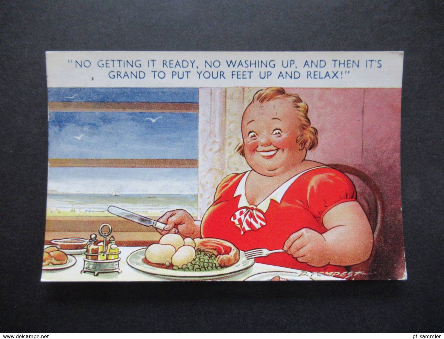 PK GB 1954 No Washing Up / Put Your Feed Up And Relax! Dicke Frau Beim Essen Mit Blick Auf Das Meer. Künstler AK - Humour