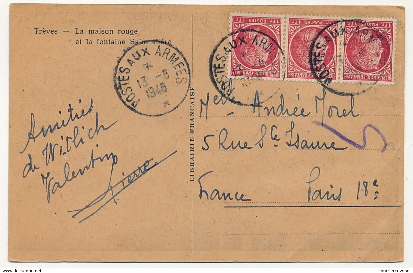 FRANCE - CPSM De Trèves, Affr 1F Cérès X3 - Obl "Poste Aux Armées *" 13/8/1948 - Briefe U. Dokumente