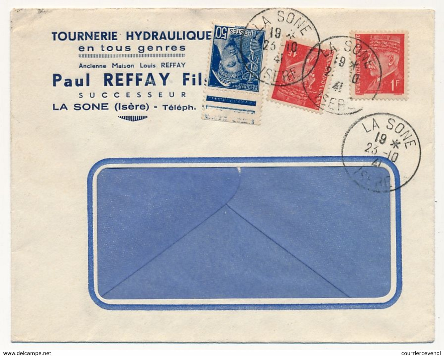 FRANCE - Env. En Tête "Tournerie Hydraulique Paul Refay - LA SONE ISERE" - Affr Composé Pétain Mercure - Obl Ordinaire - Covers & Documents