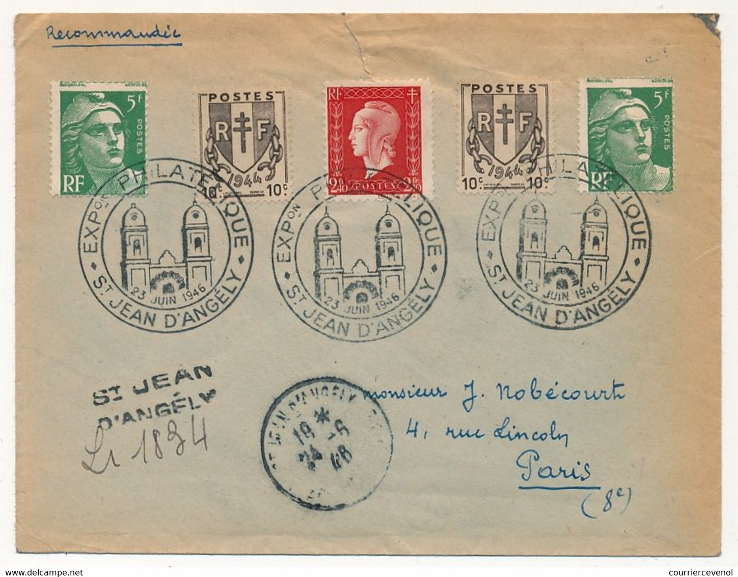 FRANCE - Env. Affr Composé Dulac / Gandon / Chaines - Reco Provisoire St Jean D'Angély + Obl Tempo. Expo Phil. 23/6/1946 - Lettres & Documents