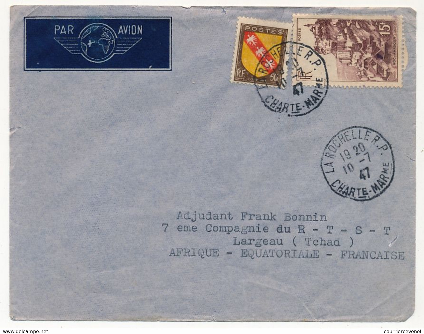 FRANCE - Env. Affr Composé 15F Rocamadour + 50c Lorraine - Pour Brazzaville - Obl La Rochelle RP - 10/7/1947 - Covers & Documents