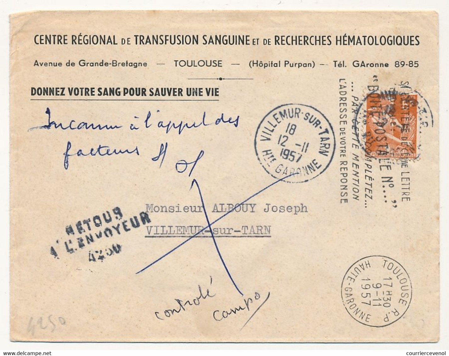 FRANCE - Env. Affr 6f Moissonneuse - Obl Villemur-sur-Tarn 12/11/1957 - Retour à L'envoyeur 4250 - Lettres & Documents