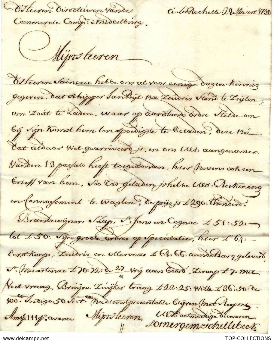 1730  La Rochelle  =>Middelburgse Commercie Compagnie (MCC) Compagnie De Commerce De MIDDELBOURG Zélande Pays Bas - Historische Dokumente