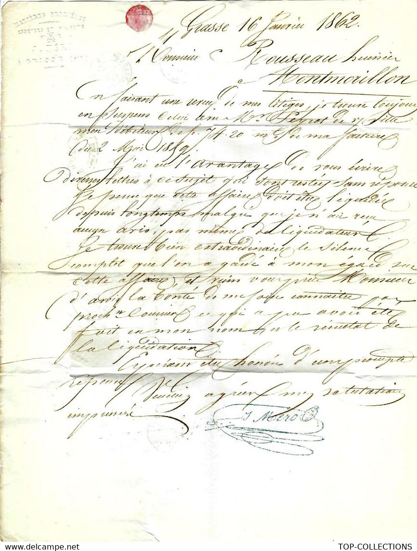 1862 RARE ENTETE  De Grasse Alpes Maritimes Par Méro Parfumeur Pour Rousseau à Montmorillon Vienne V.HISTORIQUE - Historische Dokumente
