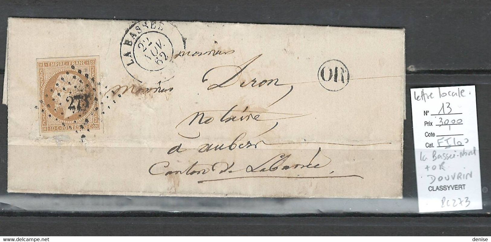 Lettre - Bordeaux - Yvert 13 - LA BASSEE - Nord - Lettre Locale OR De DOUVRIN - 1862 - 1849-1876: Période Classique