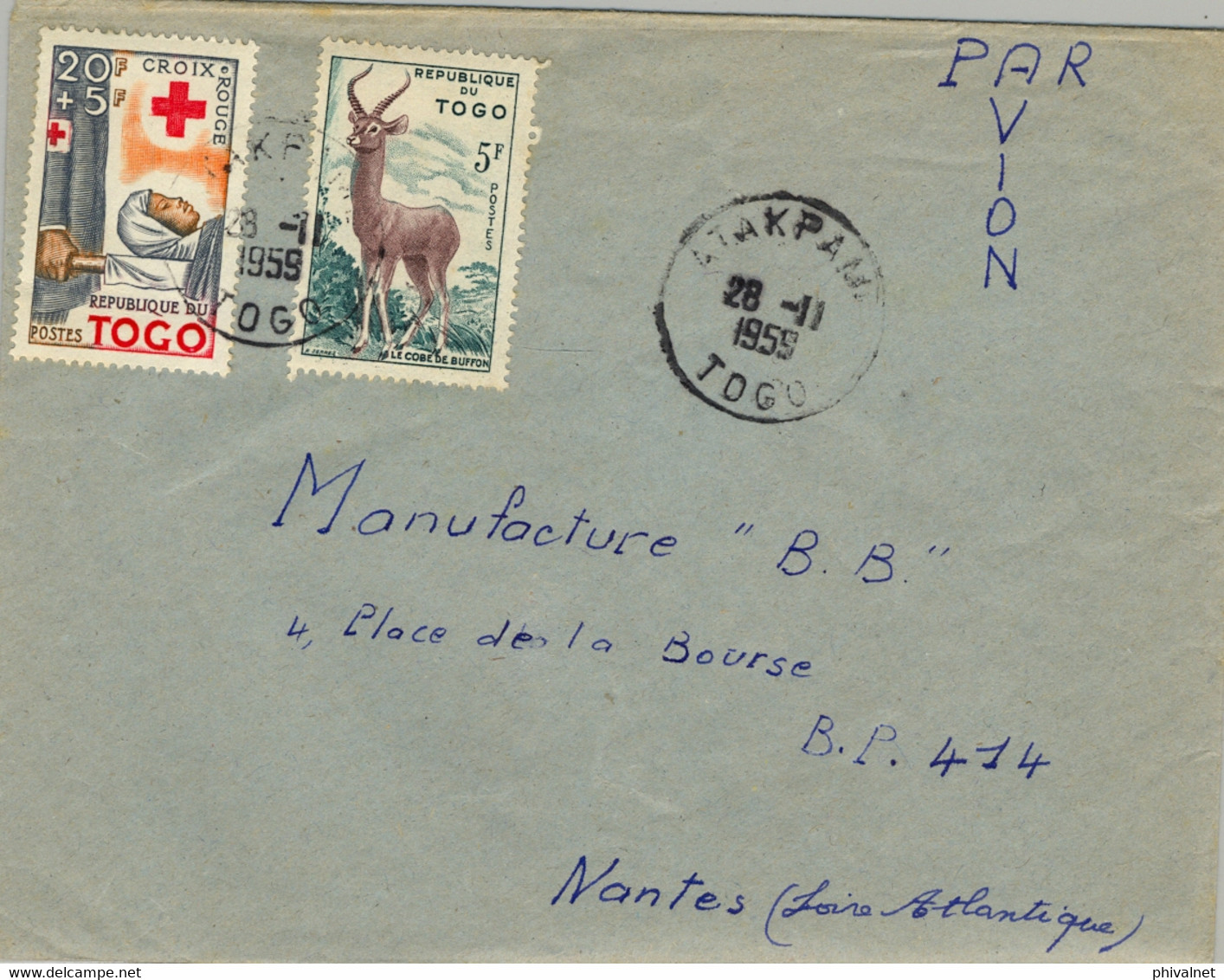 1959 TOGO , SOBRE CIRCULADO , ATAKPAME - NANTES , CRUZ ROJA , CROIX ROUGE , FAUNA  , CORREO AÉREO - Cartas & Documentos