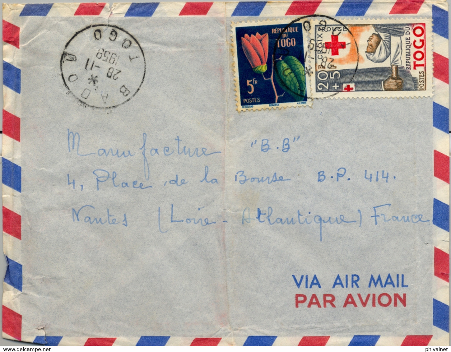 1959 TOGO , SOBRE CIRCULADO , BADOU - NANTES , FLORES , CRUZ ROJA , CROIX ROUGE  , CORREO AÉREO - Lettres & Documents