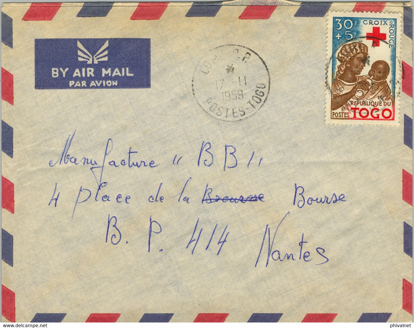 1959 TOGO , SOBRE CIRCULADO , LOME - NANTES , CRUZ ROJA , CROIX ROUGE   , CORREO AÉREO - Storia Postale