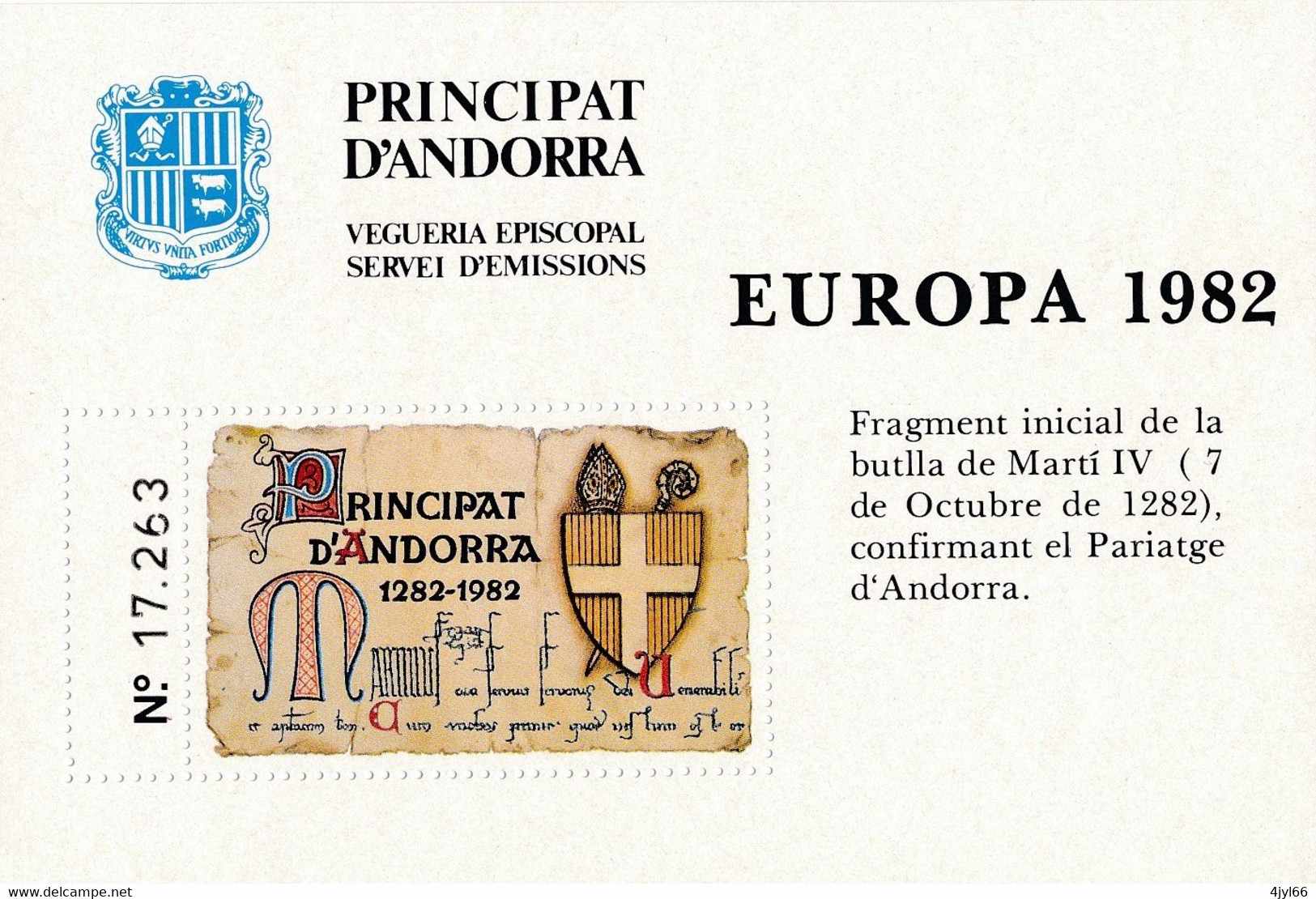 ANDORRE Vigueria Episcopal - Bloc Feuillet EUROPA 1982 - NEUF** TB - - Viguerie Episcopale